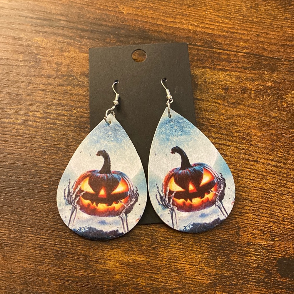 Jack-o’-lantern and Skeleton hands Leather printed Dangle Earrings